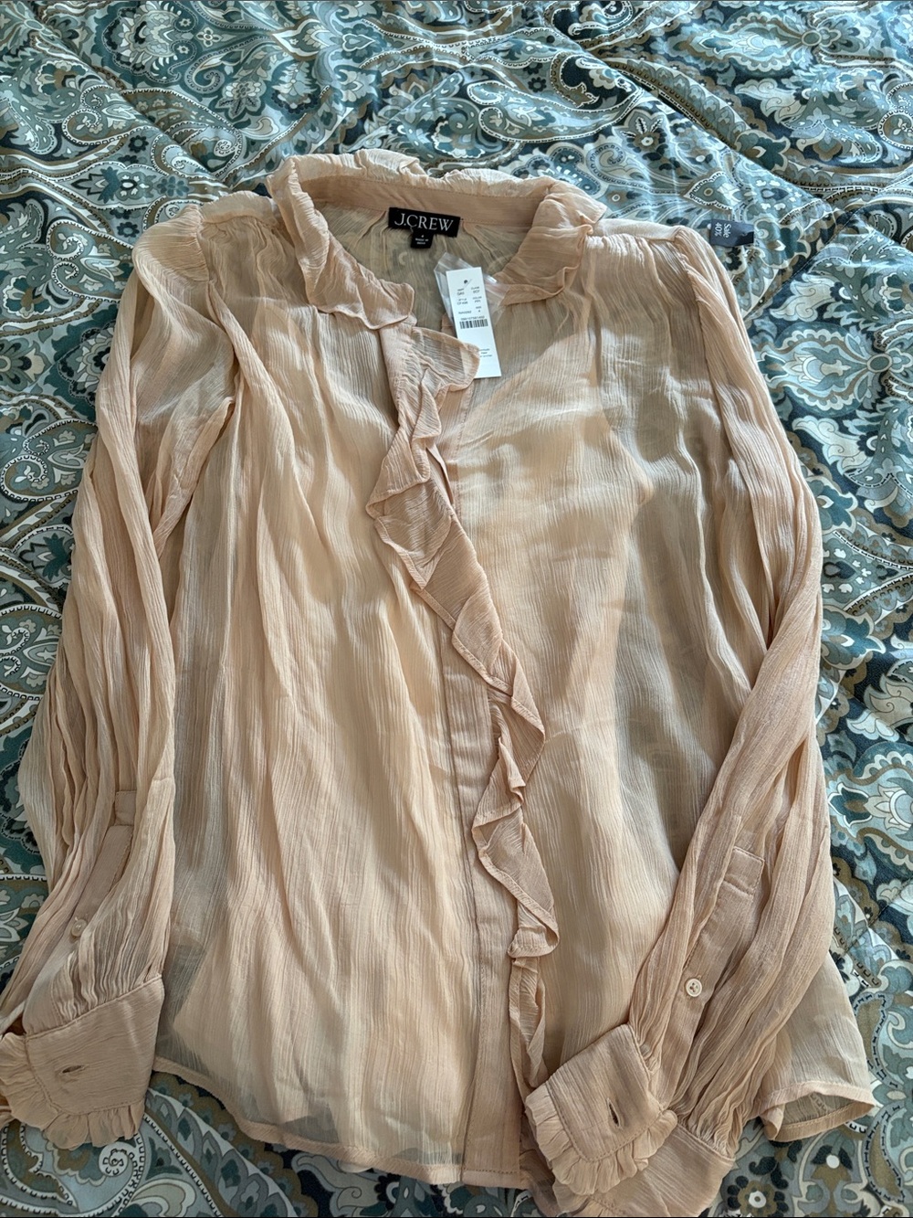 J. Crew Blush Pink Ruffle-Trim Sheer Long-Sleeve Blouse with camisole Size 4 NWT